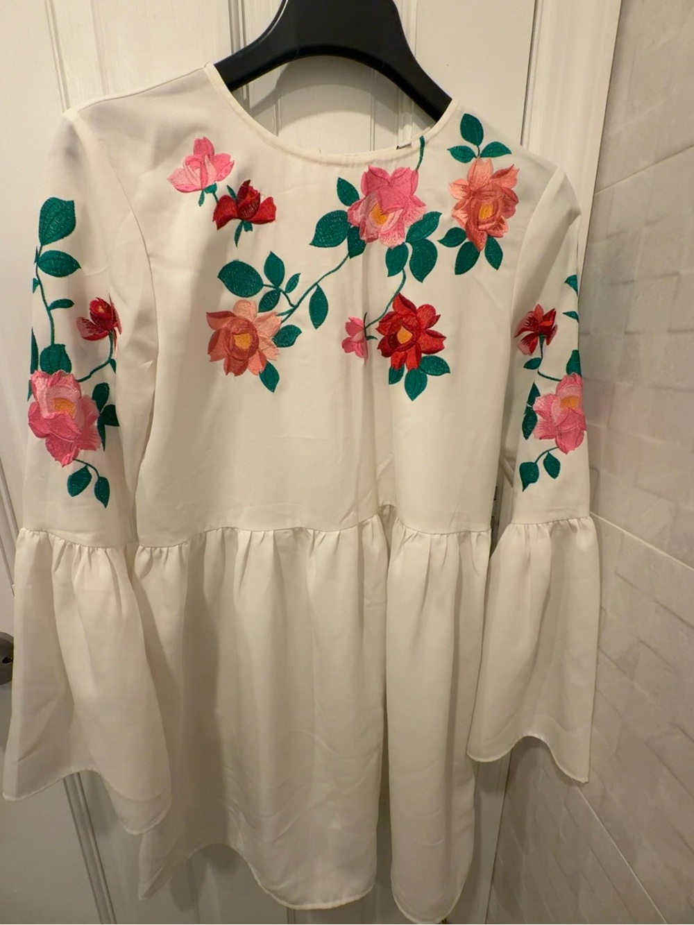 ASOS White Embroidered Floral Bell Sleeve Tunic Dress
